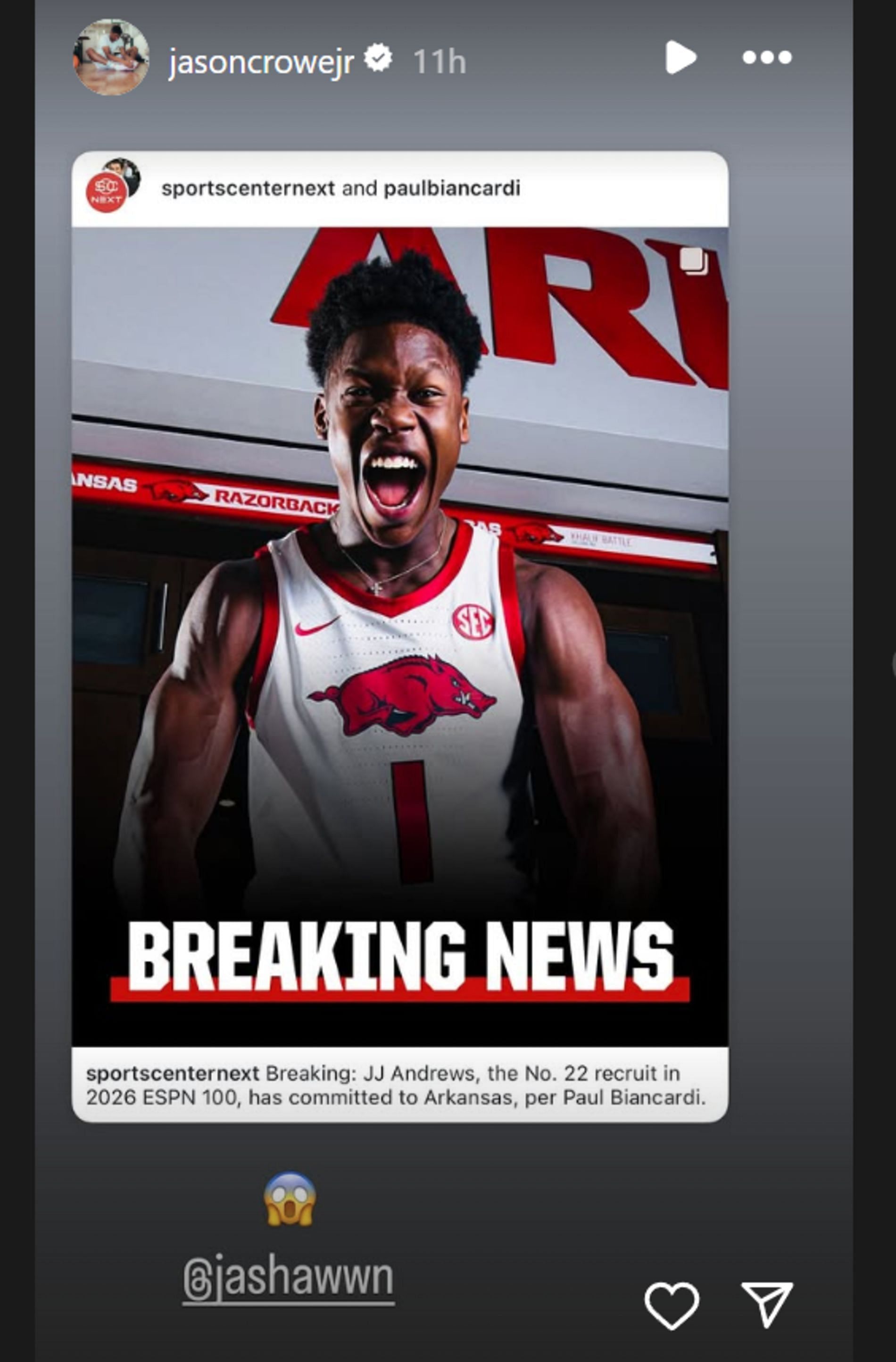 5-star point guard Jason Crowe Jr. acts shocked with JJ Andrews' Arkansas commitment (source: IG/ jasoncrowejr)